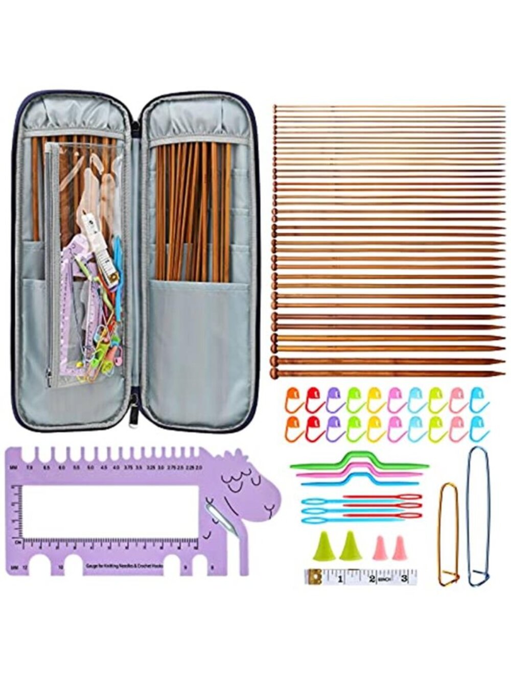 Bamboo Knitting Needles Set Crochet Kit Stitch Markers Case DIY Craft Tool